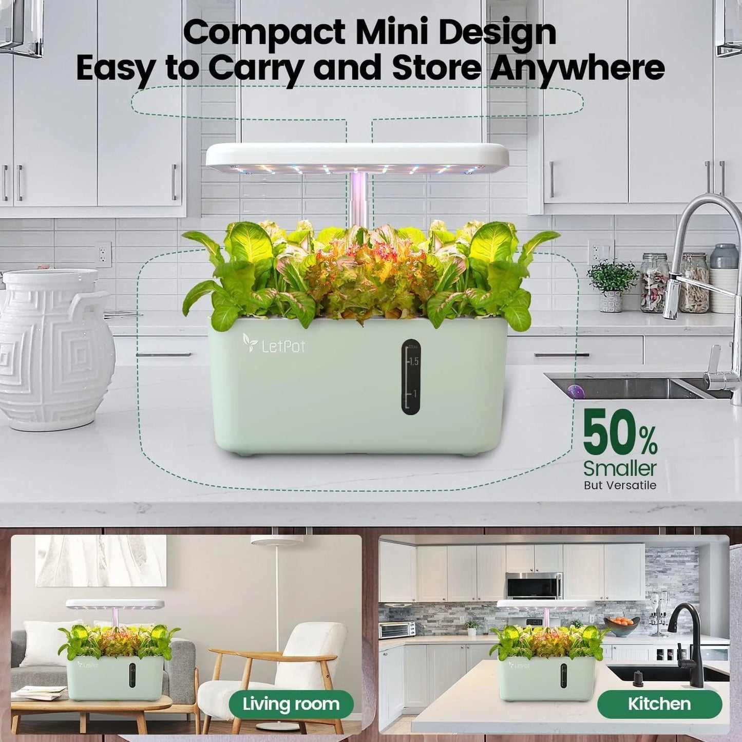 MINI 5-Pod Hydroponics System - App&Wifi Controlled Smart Indoor Garden with Grow Lights, Height Adjustable, Gardening Gift for Beginners, Green