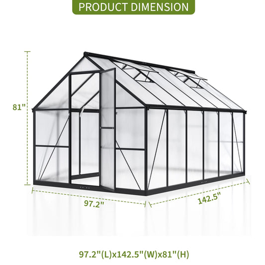 12'X8' Outdoor Greenhouse, Walk-In Polycarbonate Green House with Aluminum Frame for Backyard