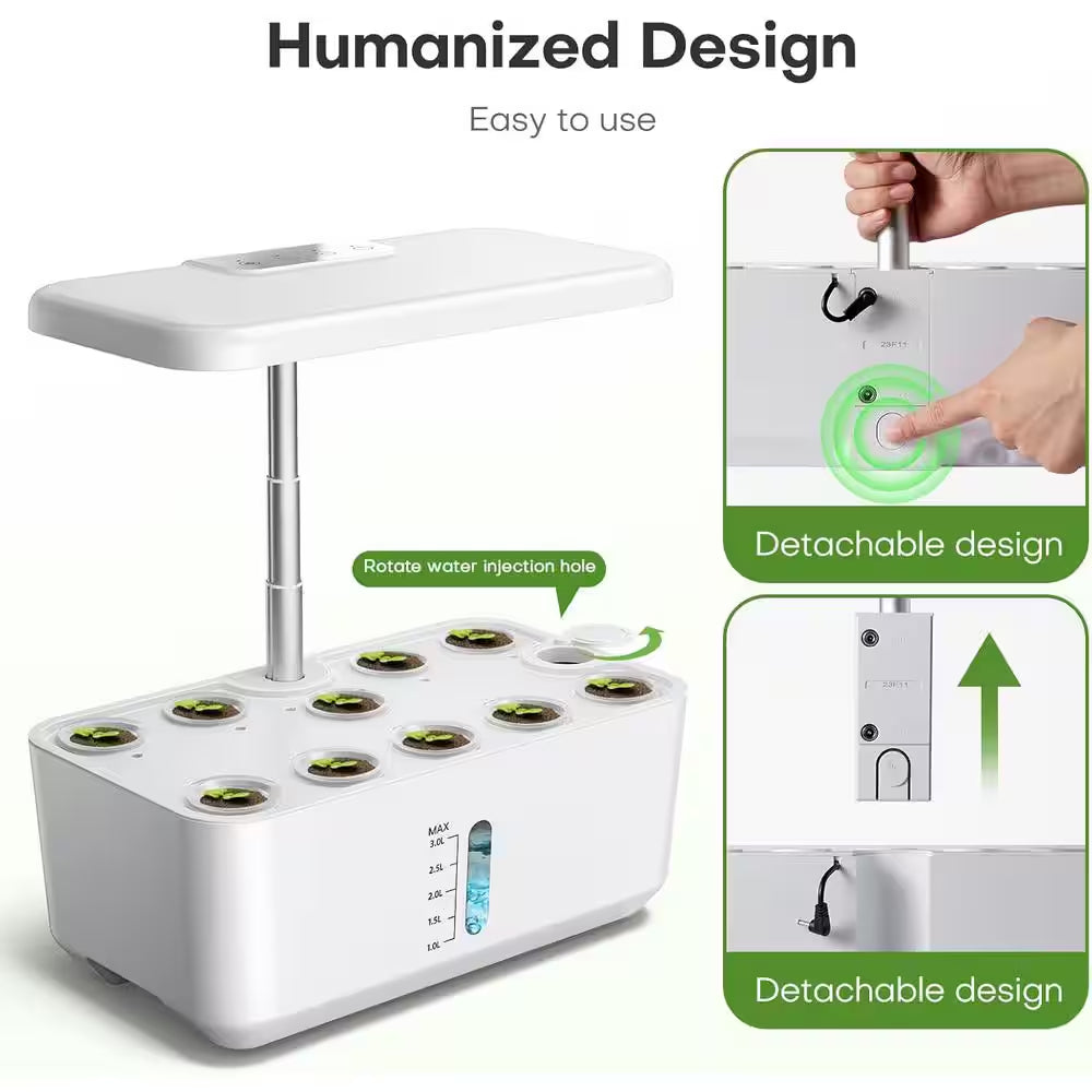 10-Pod Indoor Plastic Hydroponics Growing System with LED Grow Light, Adjustable Height and Water Level Window, White