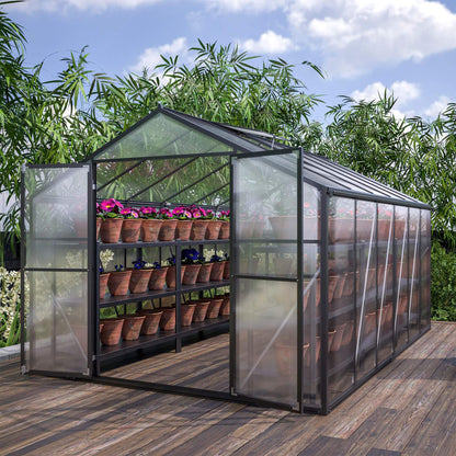 [08X12FT] Large Outdoor Heavy-Duty Polycarbonate Walk-In Greenhouse With Double Swing Doors And Two Ventilation Windows (SAK73651)