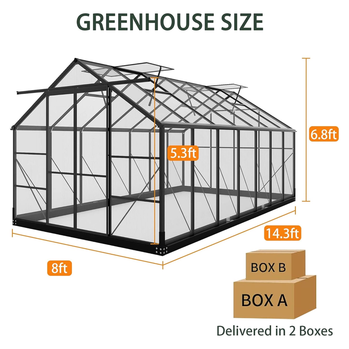[08X14FT] Outdoor Polycarbonate Greenhouse With Roof Vents & Sliding Doors, 4MM (SAK19426)