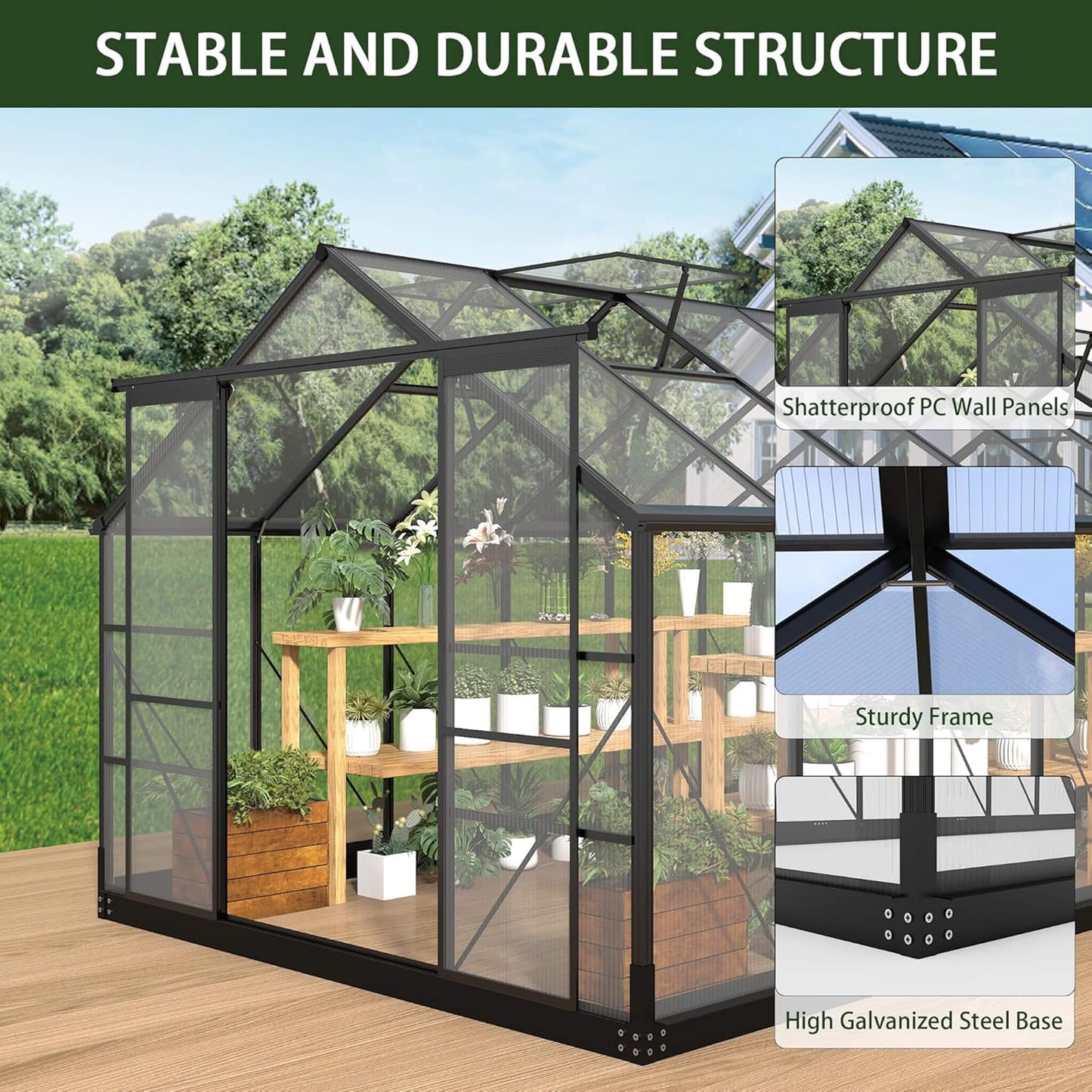 [08X14FT] Outdoor Polycarbonate Greenhouse With Roof Vents & Sliding Doors, 4MM (SAK19426)