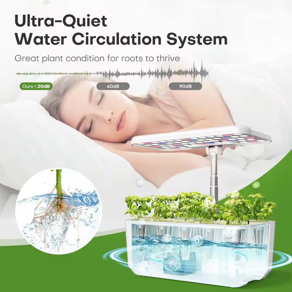 10-Pod Indoor Plastic Hydroponics Growing System with LED Grow Light, Adjustable Height and Water Level Window, White