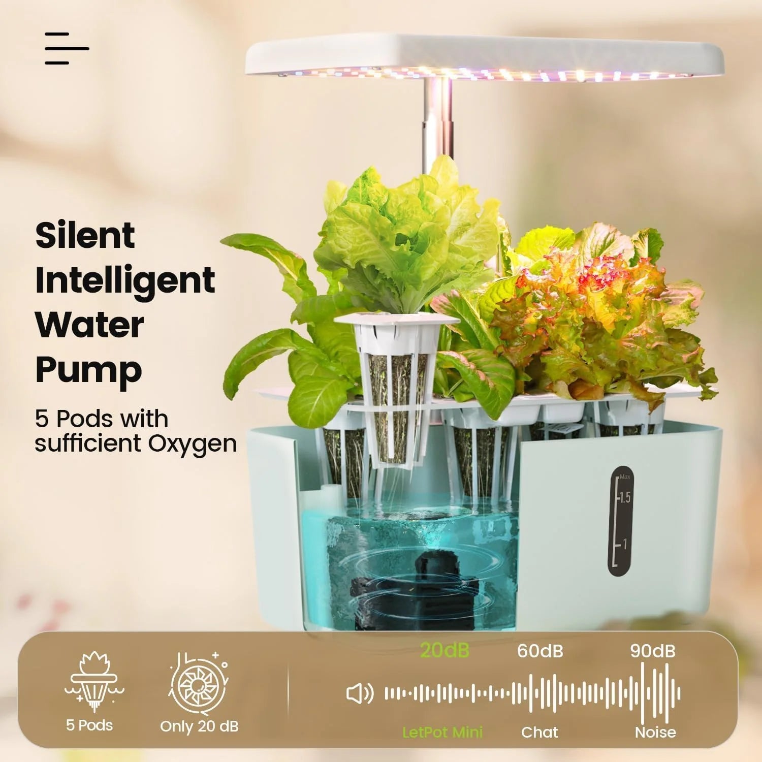 MINI 5-Pod Hydroponics System - App&Wifi Controlled Smart Indoor Garden with Grow Lights, Height Adjustable, Gardening Gift for Beginners, Green