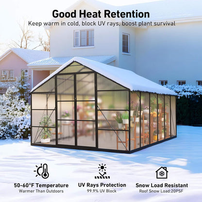 [10X12FT] Outdoor Polycarbonate Aluminum Greenhouse With UV Protection And Thermometer (SAK59183)