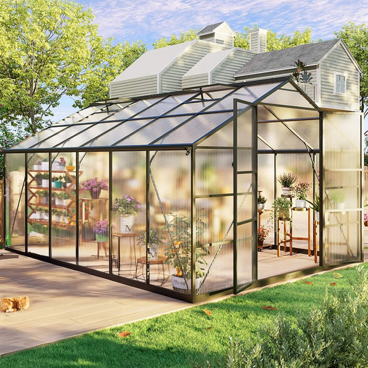 [10X12FT] Outdoor Polycarbonate Aluminum Greenhouse With UV Protection And Thermometer (SAK59183)