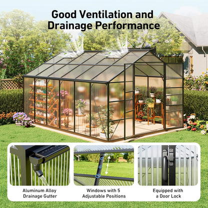 [10X12FT] Outdoor Polycarbonate Aluminum Greenhouse With UV Protection And Thermometer (SAK59183)