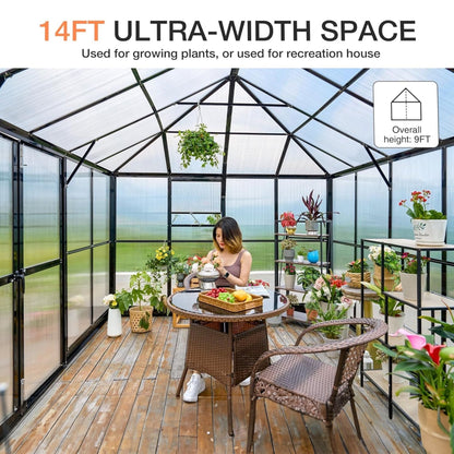[10X14FT] Premium Outdoor Polycarbonate Greenhouse With Aluminum Frame And Double Swing Doors (SAK23168)