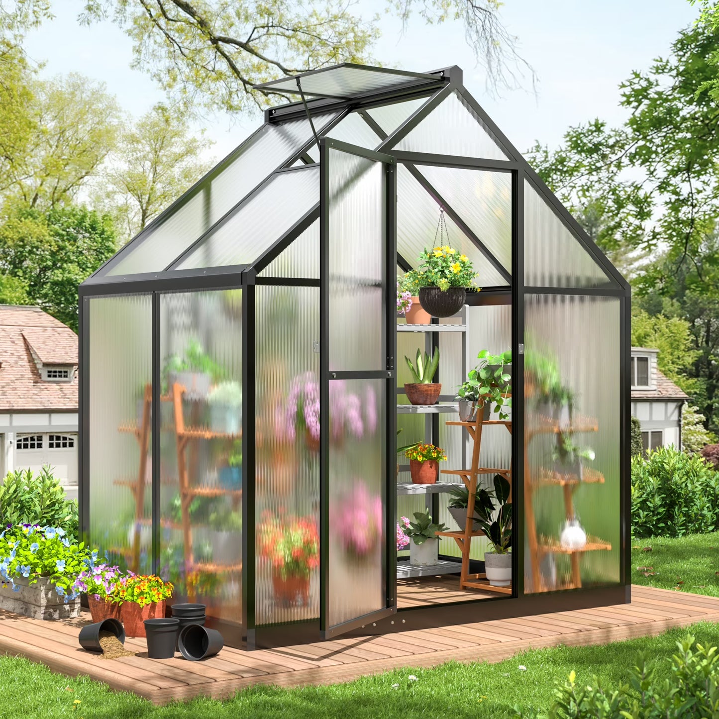 4'X6' Outdoor Greenhouse, Walk-In Polycarbonate Green House with Aluminum Frame for Backyard