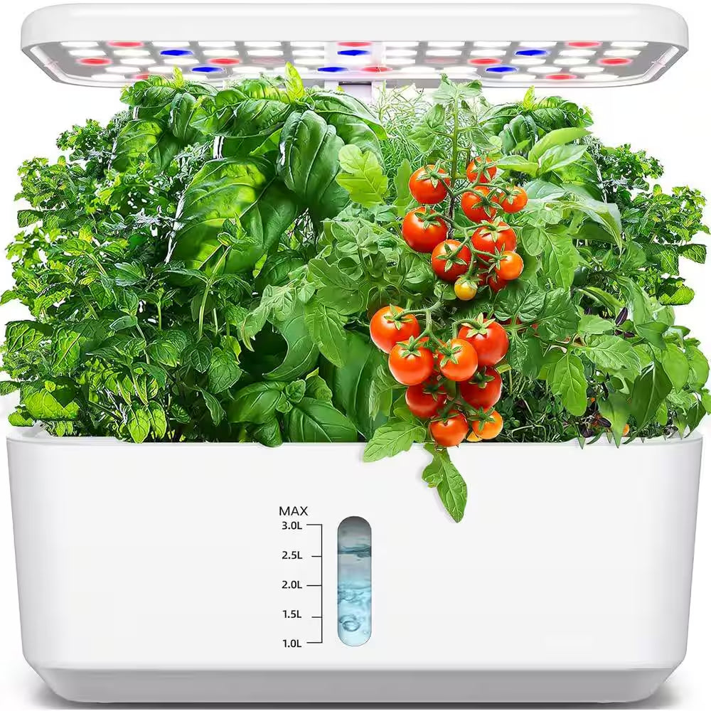10-Pod Indoor Plastic Hydroponics Growing System with LED Grow Light, Adjustable Height and Water Level Window, White