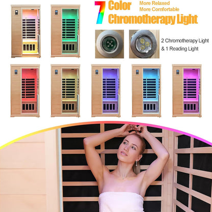 Low EMF Indoor Sauna, Infrared Sauna for Home, 2 Person Infrared Sauna, Canadian Hemlock, 9 Low EMF Heaters, 2 Chromotherapy Lights, 2 Bluetooth Speakers, 1 LED Reading Lamp, 1750W