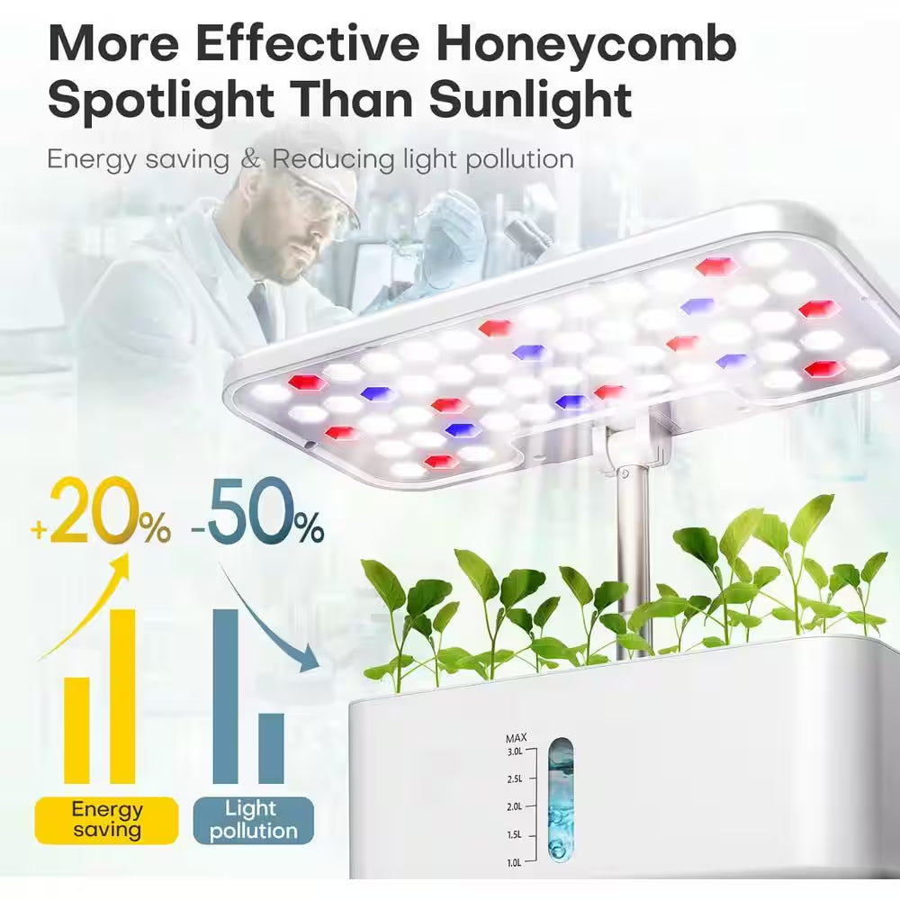 10-Pod Indoor Plastic Hydroponics Growing System with LED Grow Light, Adjustable Height and Water Level Window, White