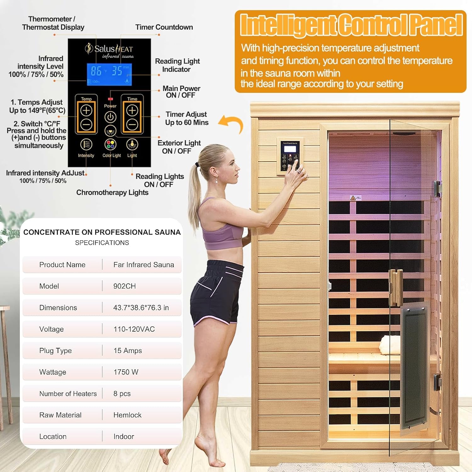 Low EMF Indoor Sauna, Infrared Sauna for Home, 2 Person Infrared Sauna, Canadian Hemlock, 9 Low EMF Heaters, 2 Chromotherapy Lights, 2 Bluetooth Speakers, 1 LED Reading Lamp, 1750W