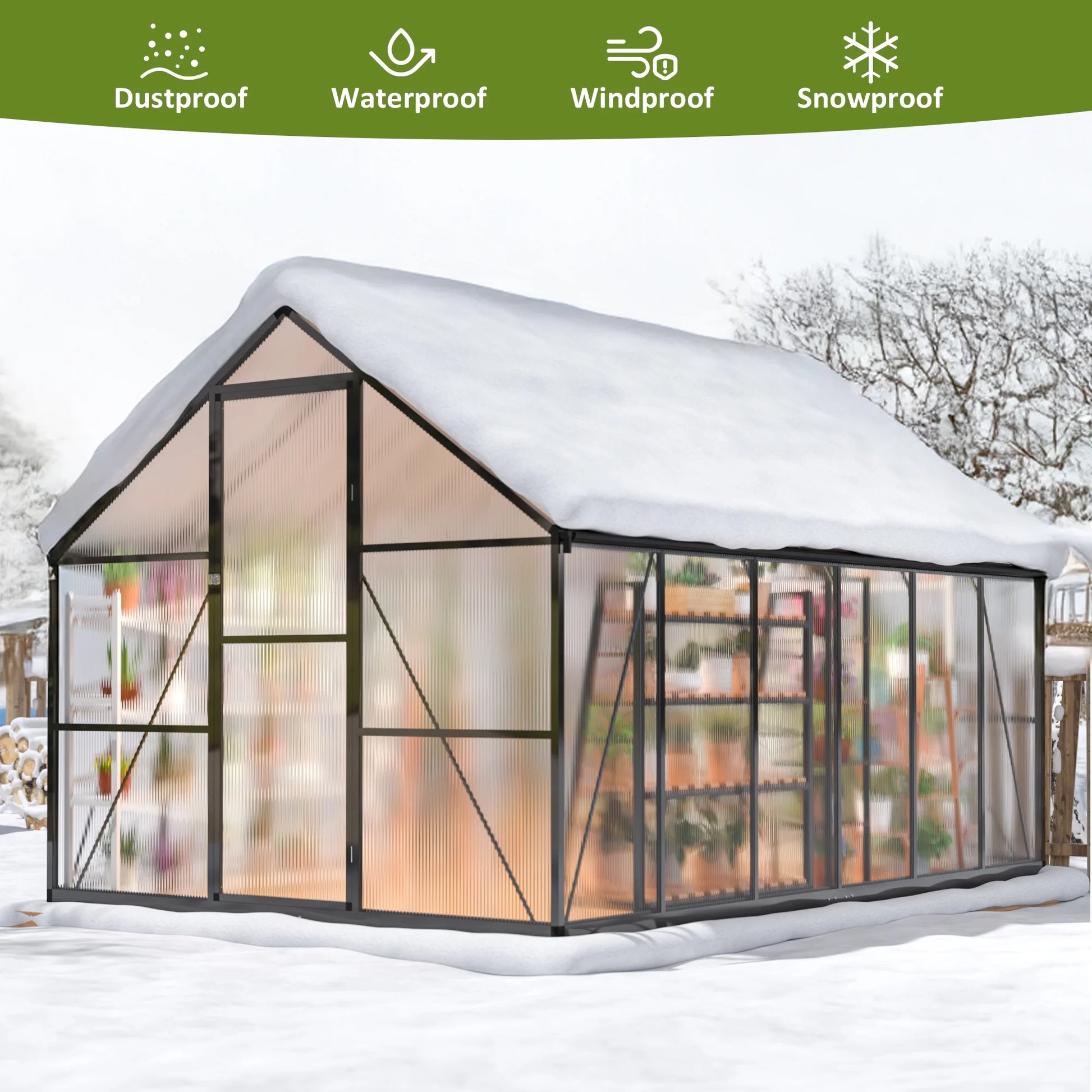 12'X8' Outdoor Greenhouse, Walk-In Polycarbonate Green House with Aluminum Frame for Backyard
