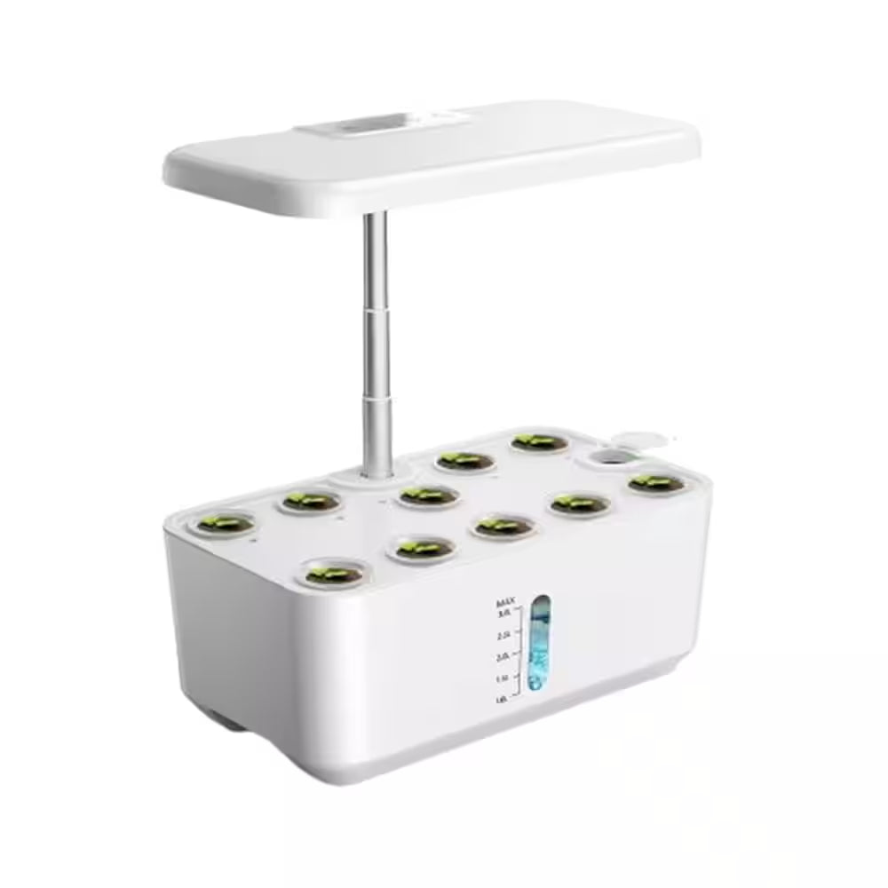 10-Pod Indoor Plastic Hydroponics Growing System with LED Grow Light, Adjustable Height and Water Level Window, White