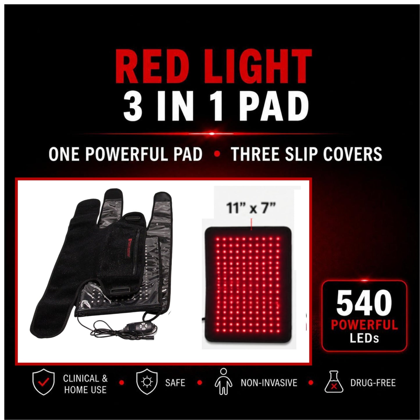 Red Light 3-in-1 Pad – Pain Relief & Recovery | 540 LEDs + 12V Car Adapter
