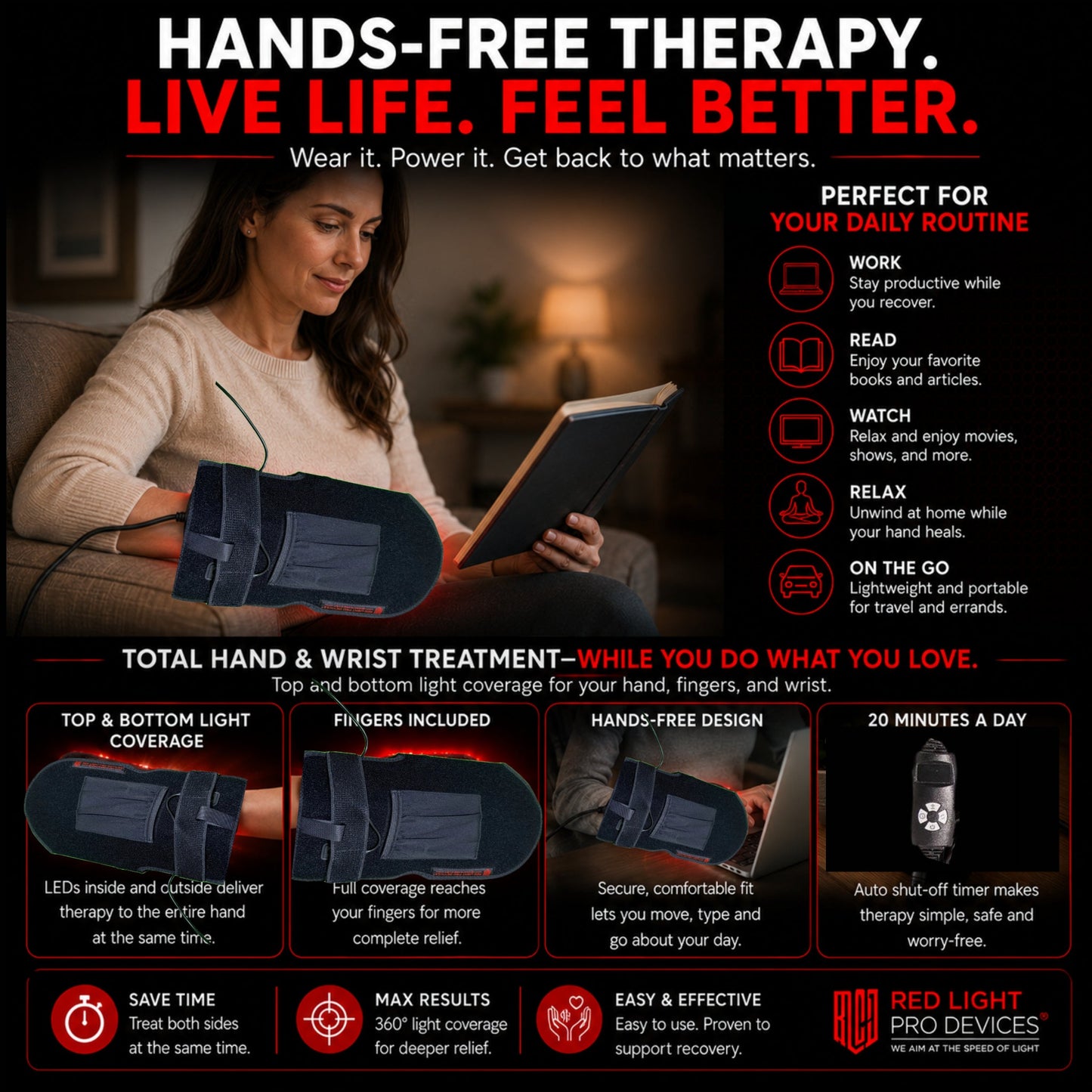 Red Light Therapy Hand & Wrist Glove  13.5" x 7.5"| 1080 High-Power LEDs + 12V Car Adapter