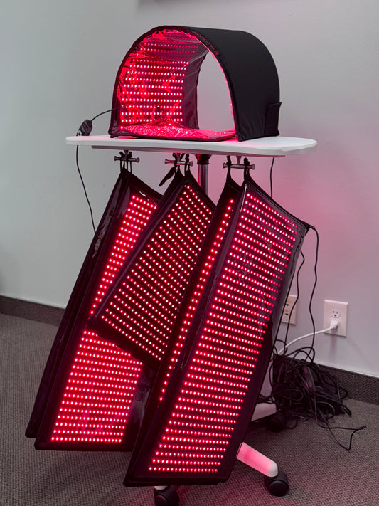 Full Body Red Light Therapy System 12,690 LED's in System. Includes 4 Pads 11" X 27", 2 Pads 11' X 16", 1 Face Dome, 1 Chin Pad