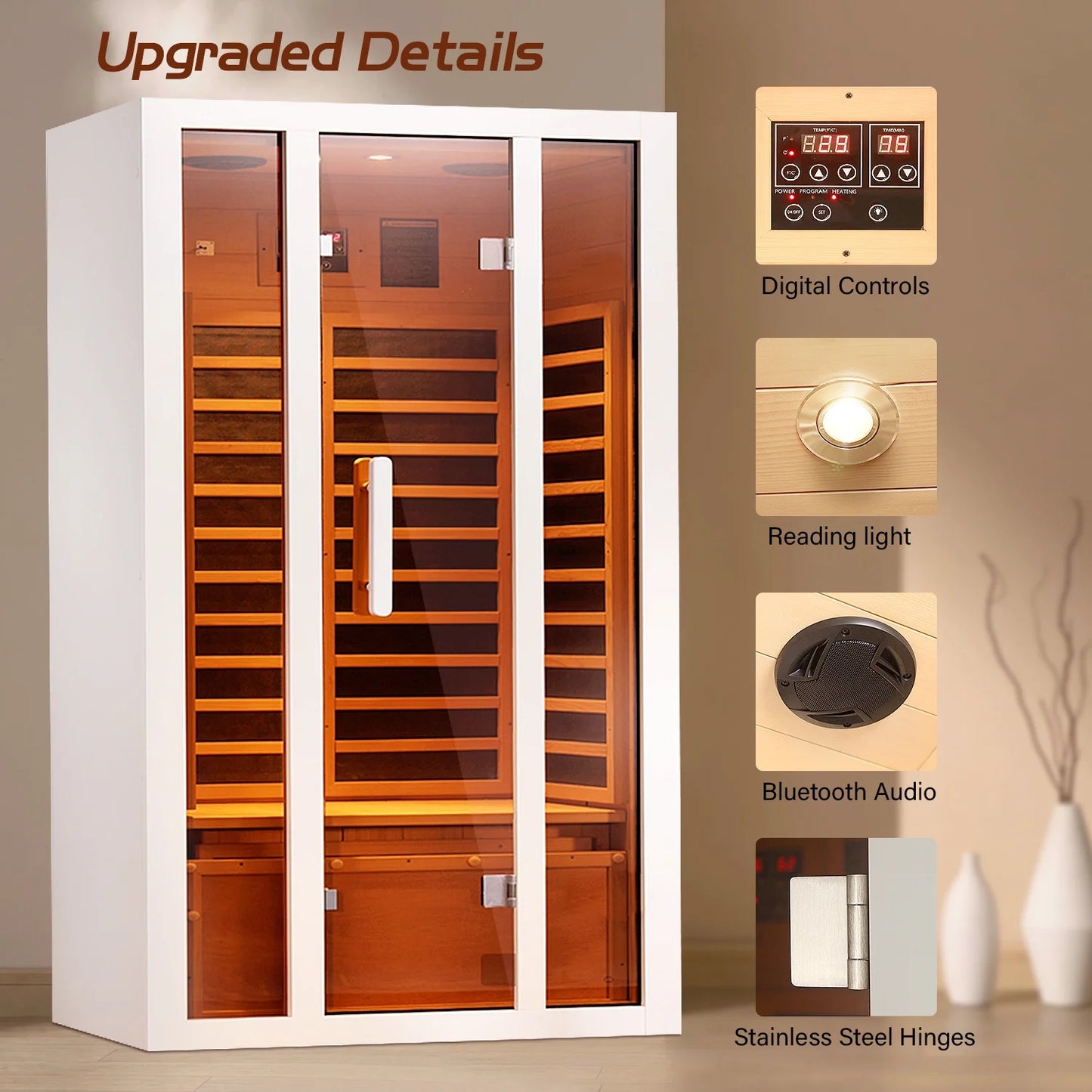 2 Person Extendable FAR Infrared Sauna for Home, Hemlock Wood Low EMF 6 Carbon Heaters Indoor Saunas with LED Lights, Bluetooth Speaker, Digital Control Panel, and Seating Bench