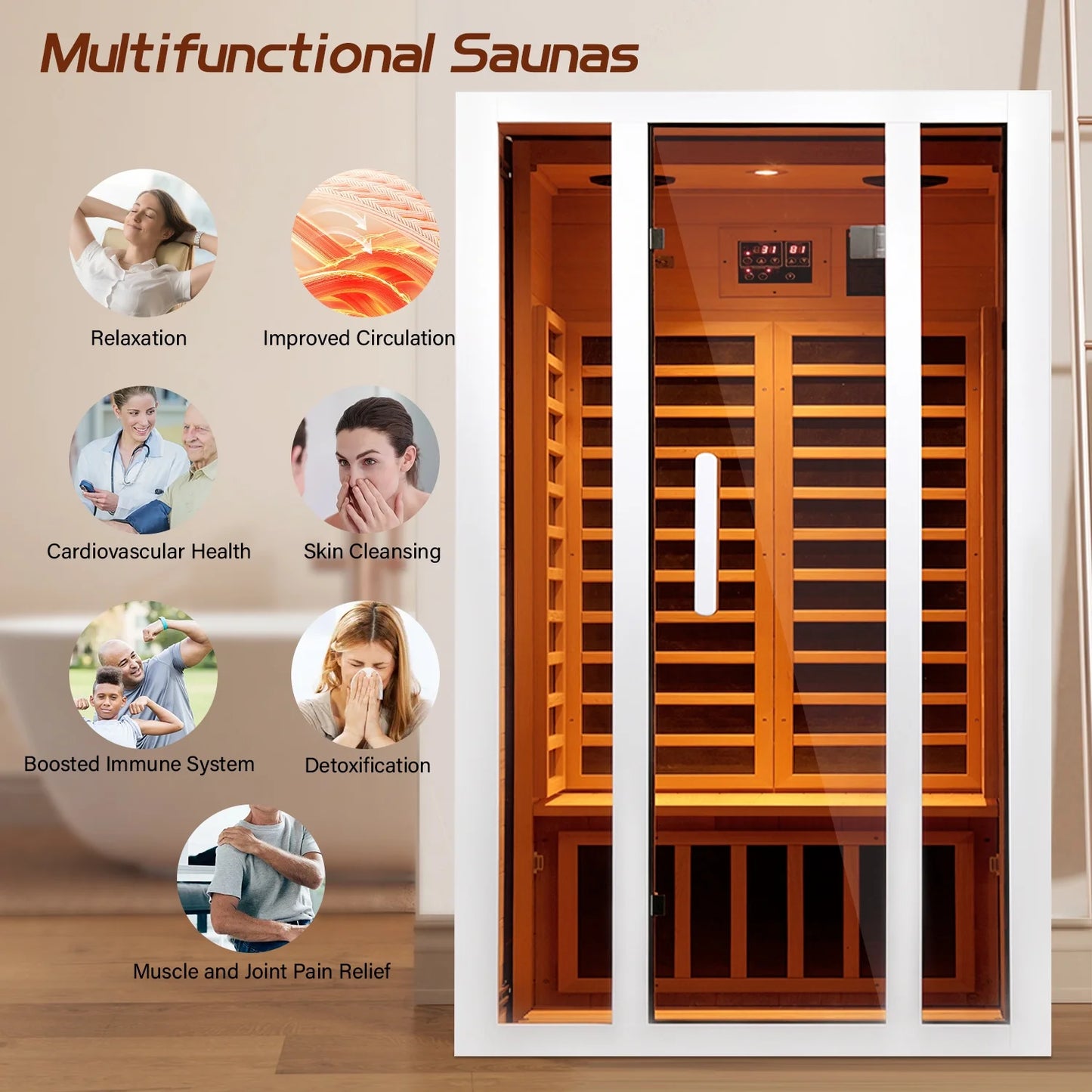 2 Person Extendable FAR Infrared Sauna for Home, Hemlock Wood Low EMF 6 Carbon Heaters Indoor Saunas with LED Lights, Bluetooth Speaker, Digital Control Panel, and Seating Bench
