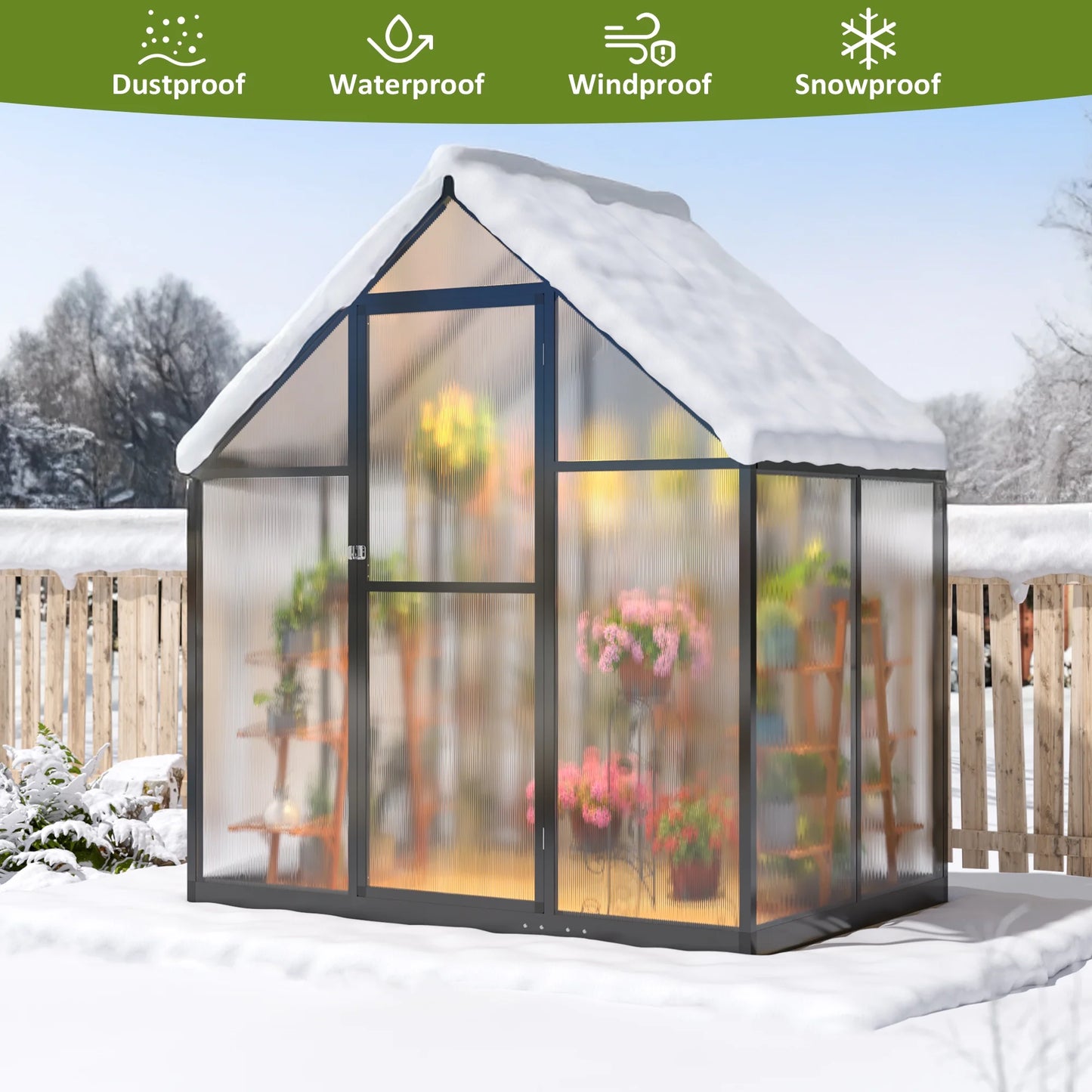 4'X6' Outdoor Greenhouse, Walk-In Polycarbonate Green House with Aluminum Frame for Backyard