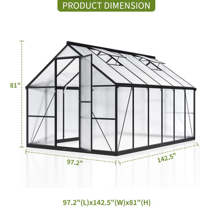 12'X8' Outdoor Greenhouse, Walk-In Polycarbonate Green House with Aluminum Frame for Backyard