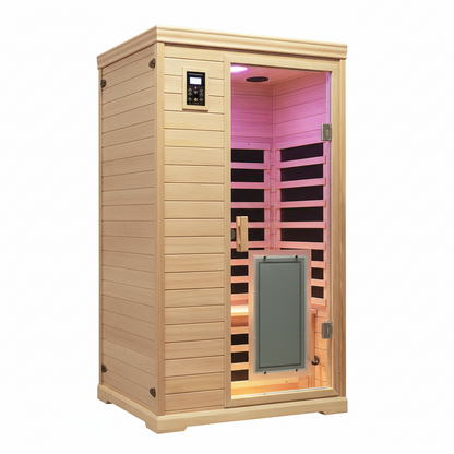 Low EMF Indoor Sauna, Infrared Sauna for Home, 2 Person Infrared Sauna, Canadian Hemlock, 9 Low EMF Heaters, 2 Chromotherapy Lights, 2 Bluetooth Speakers, 1 LED Reading Lamp, 1750W