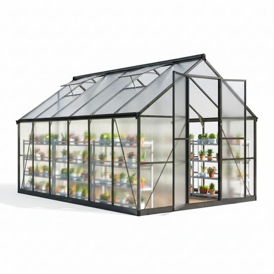 12'X8' Outdoor Greenhouse, Walk-In Polycarbonate Green House with Aluminum Frame for Backyard