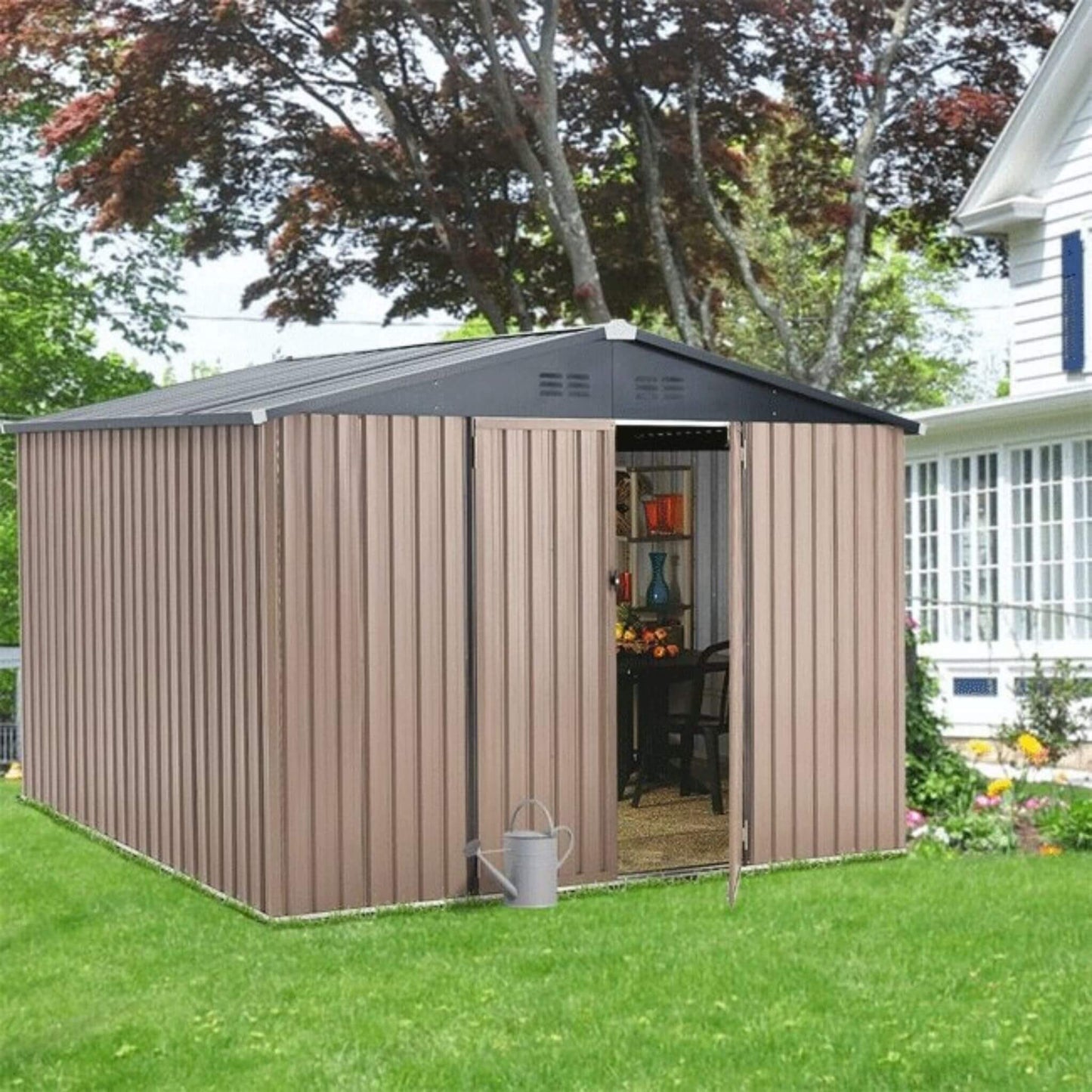 [08X10FT] Alora Large Heavy-Duty Outdoor Metal Garden Tools Storage Utility Shed W/ Lockable Door (SAK72751)