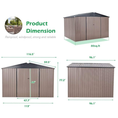 [08X10FT] Alora Large Heavy-Duty Outdoor Metal Garden Tools Storage Utility Shed W/ Lockable Door (SAK72751)